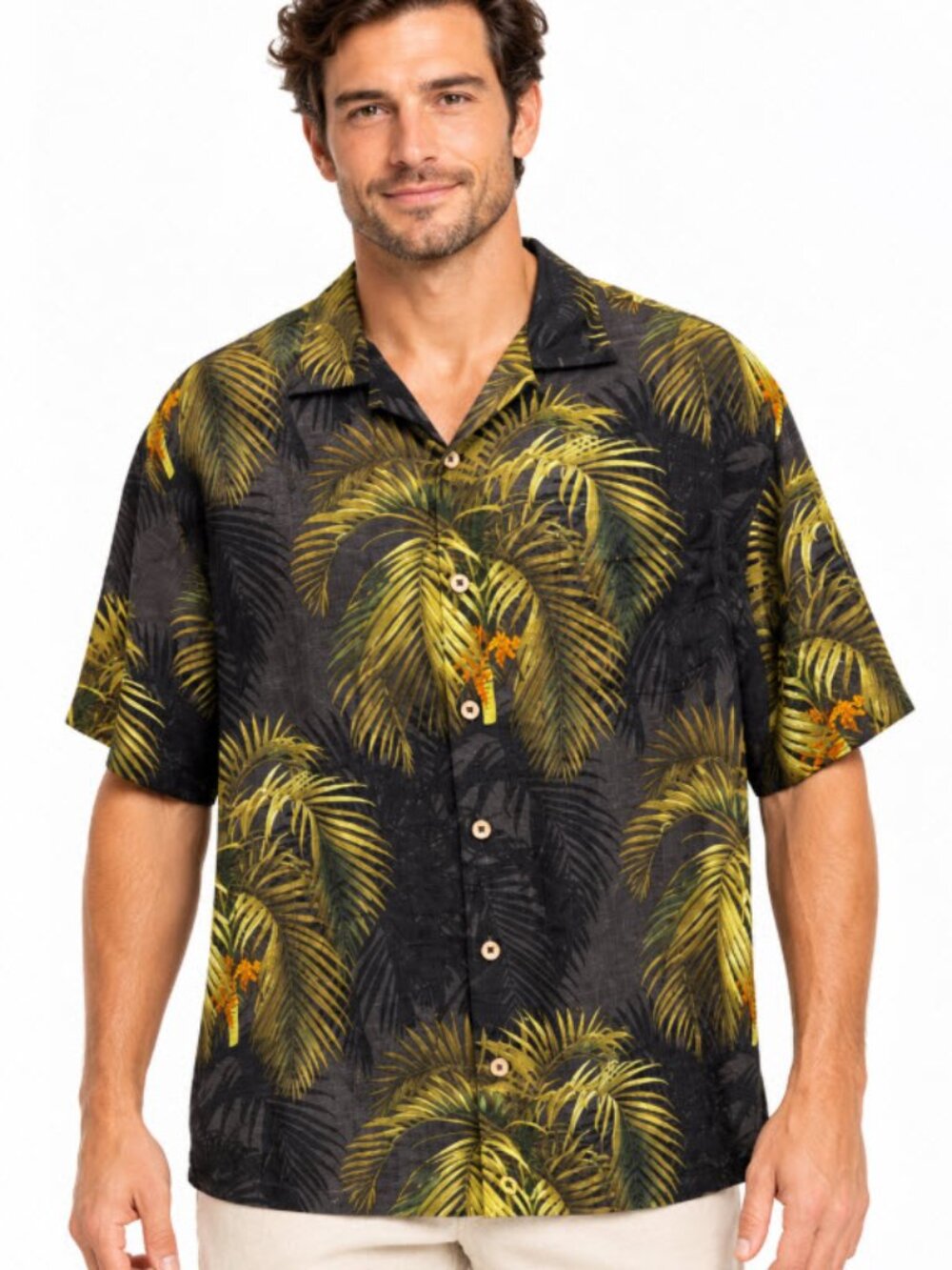 Tommy Bahama 100% Silk Palm Leaf Camp Shirt Black Green Gold Large